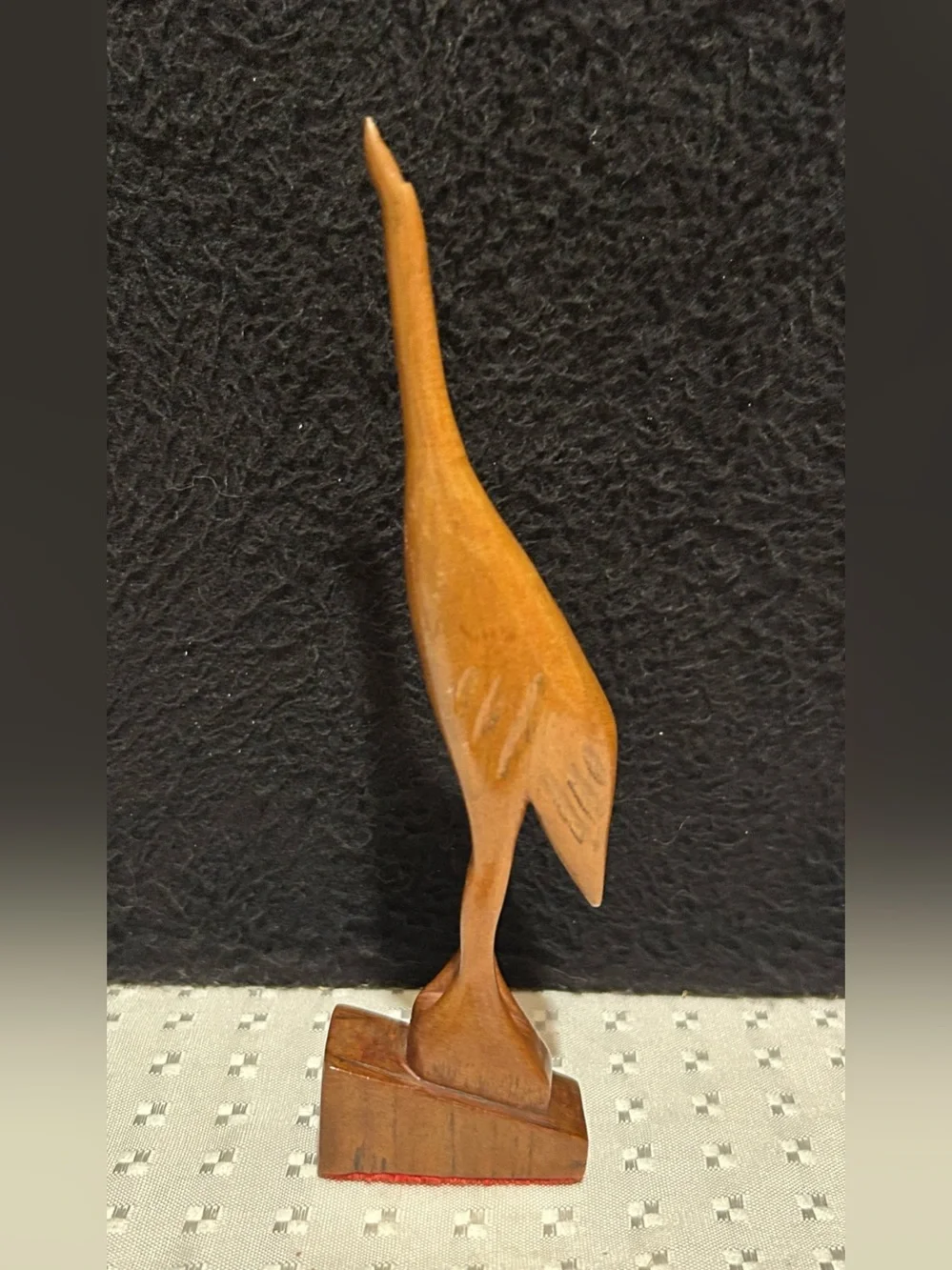 Hand Carved Teak Wood Crane Bird On Base Sculpture Brown Approx. 6.5 Inches Tall